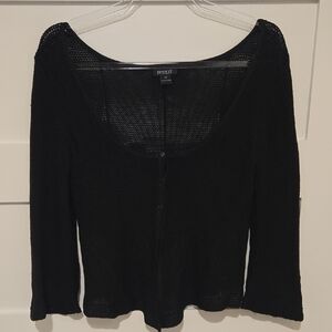 Black Knit 3 Button Down Sweater With Flower Detail